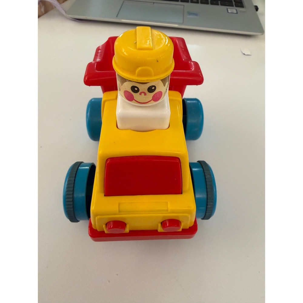 Vintage Tomy Push n Go Dump Truck Yellow Red Blue Friction Toy Construction Car